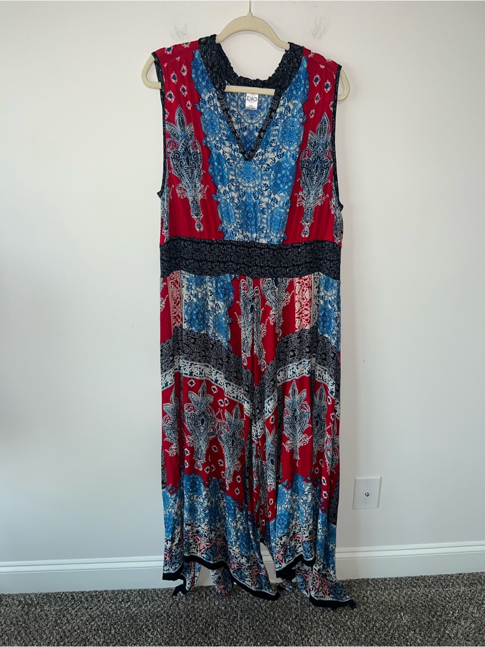 Bila Red & Blue Boho V-Neck Maxi Dress Contrasting Riches Waist